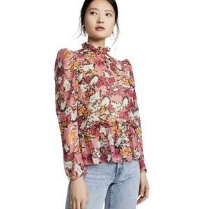 SALONI Mel Floral 100% Silk Ruffle Puff Sleeve Blouse Pink White Yellow EUC 4